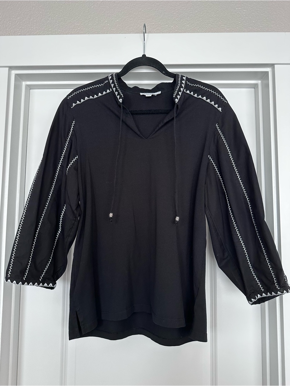 Chico's Black V-Neck with White Zigzag Embroidery